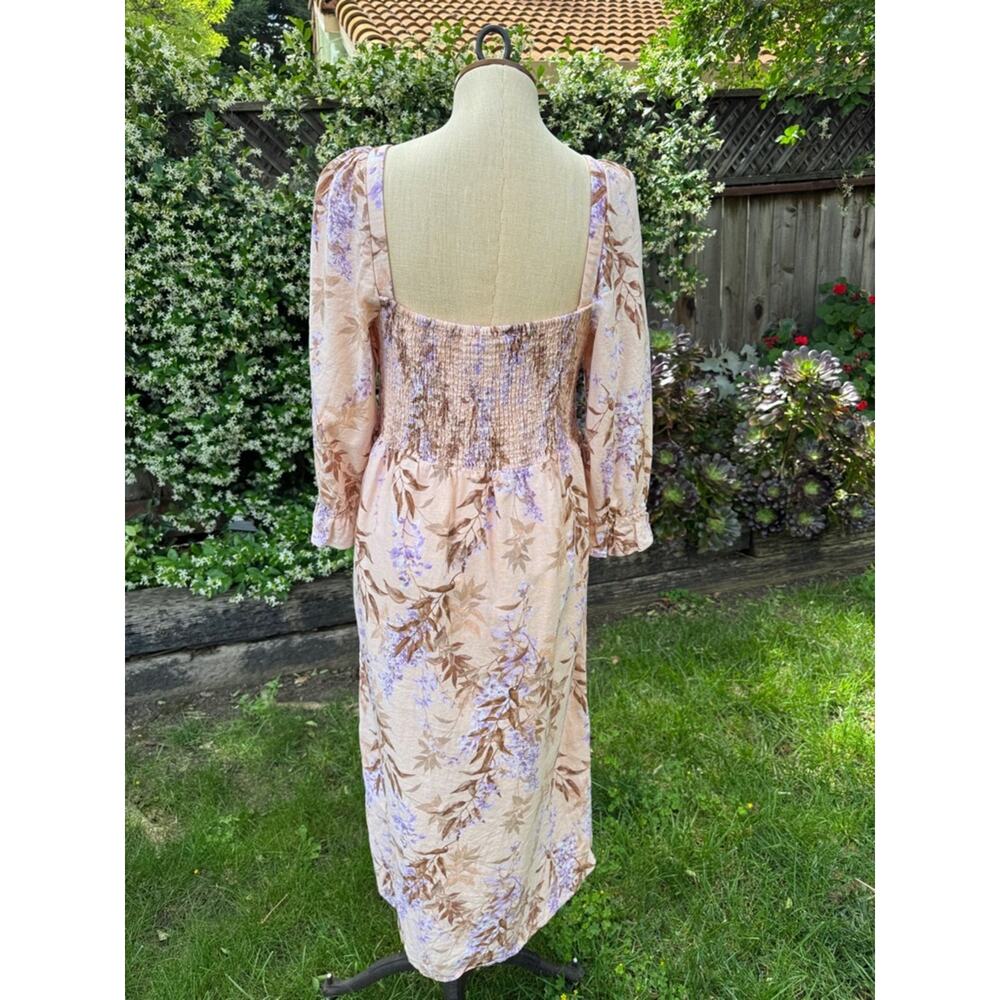 House Of Harlow 1960 Floral Smocked Dress Peasant Linen Blend Boho Sz Large - Picture 5 of 10